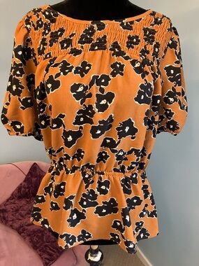 Nine West Rust butterscotch Floral Smocked Peplum Blouse